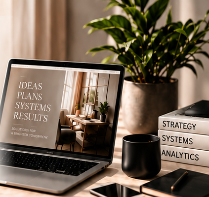 Workspace with laptop, plant, and books labeled Strategy, Systems, Analytics